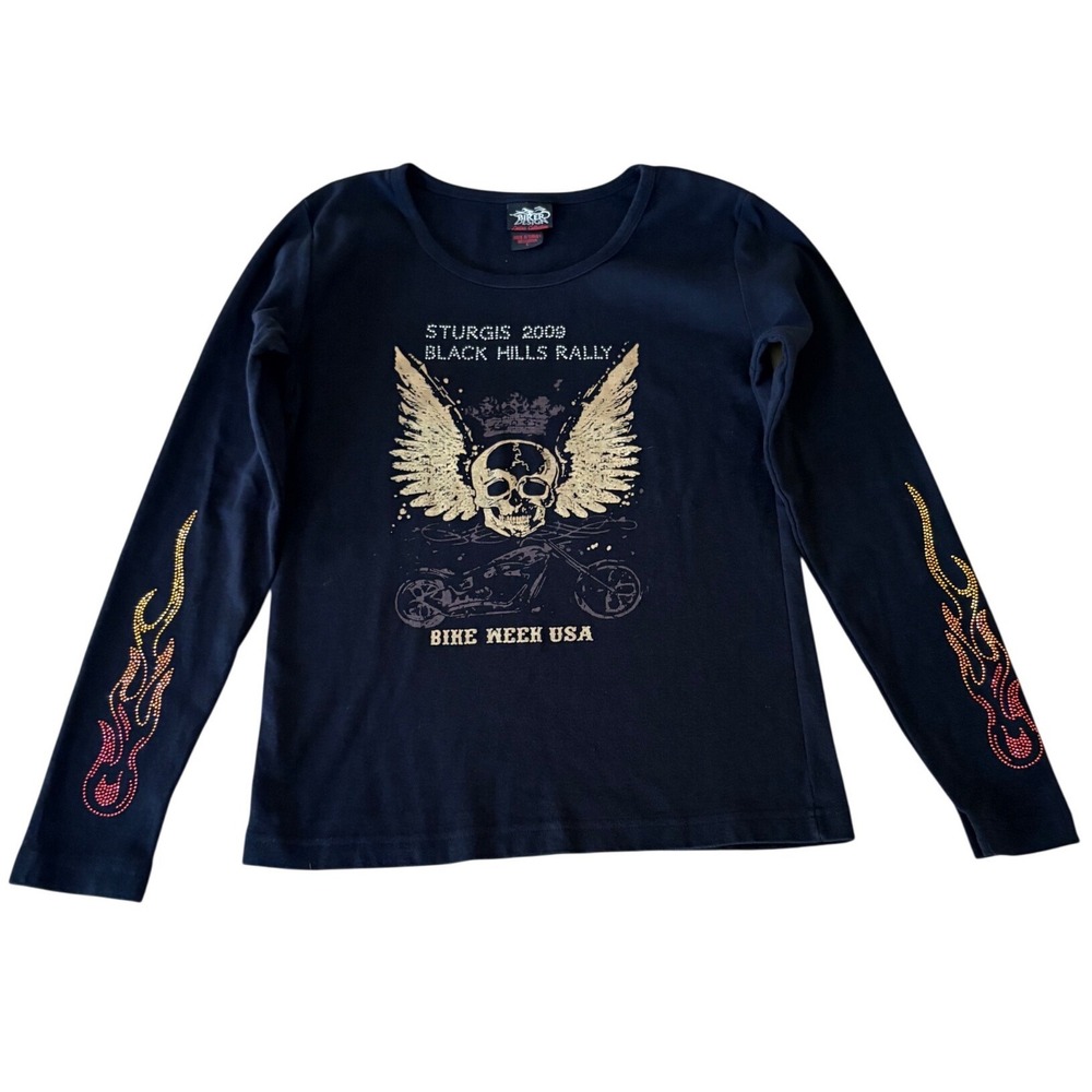 Biker Design Sturgis 2009 Black Hills Rally Skull Rhinestone Long Sleeve L